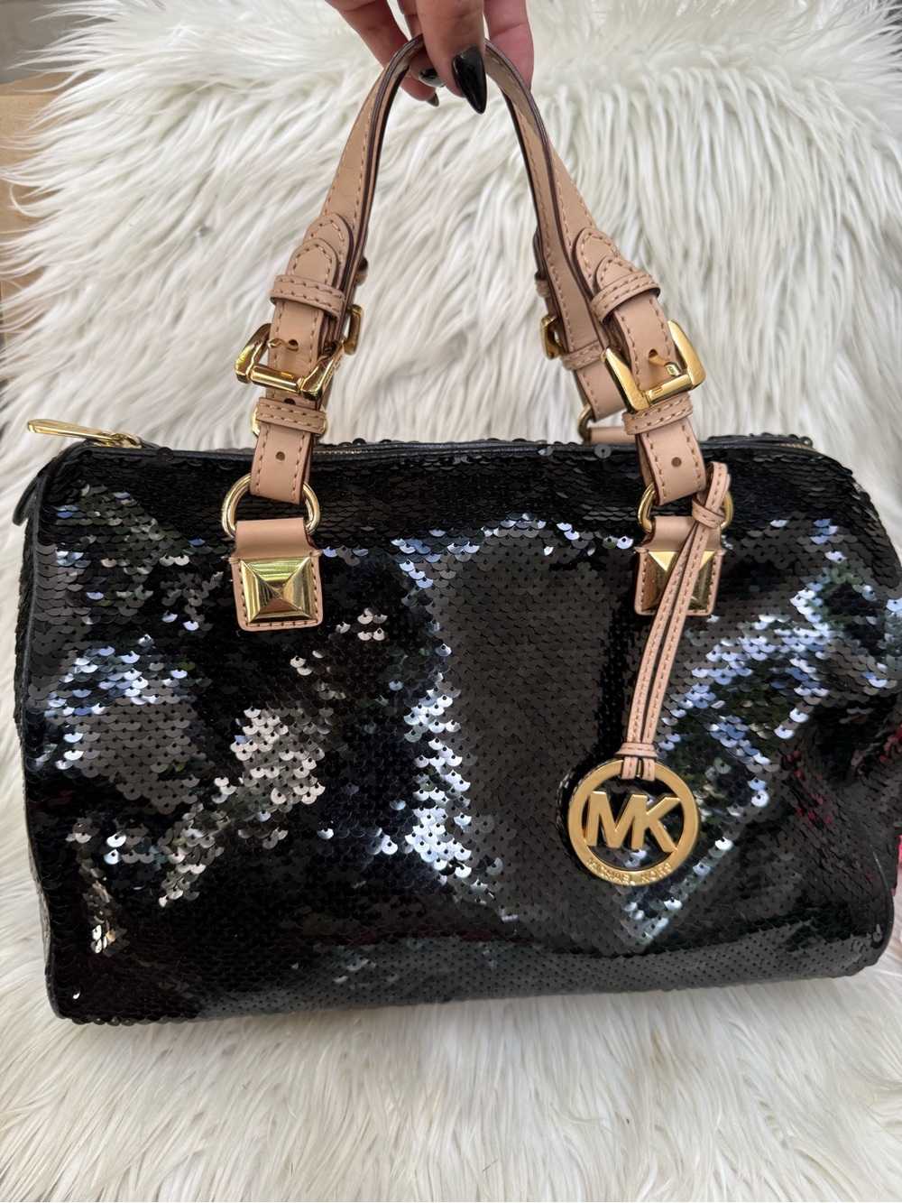 Michael Kors Black Sequin Satchel with Nude Handles and Gold Hardware